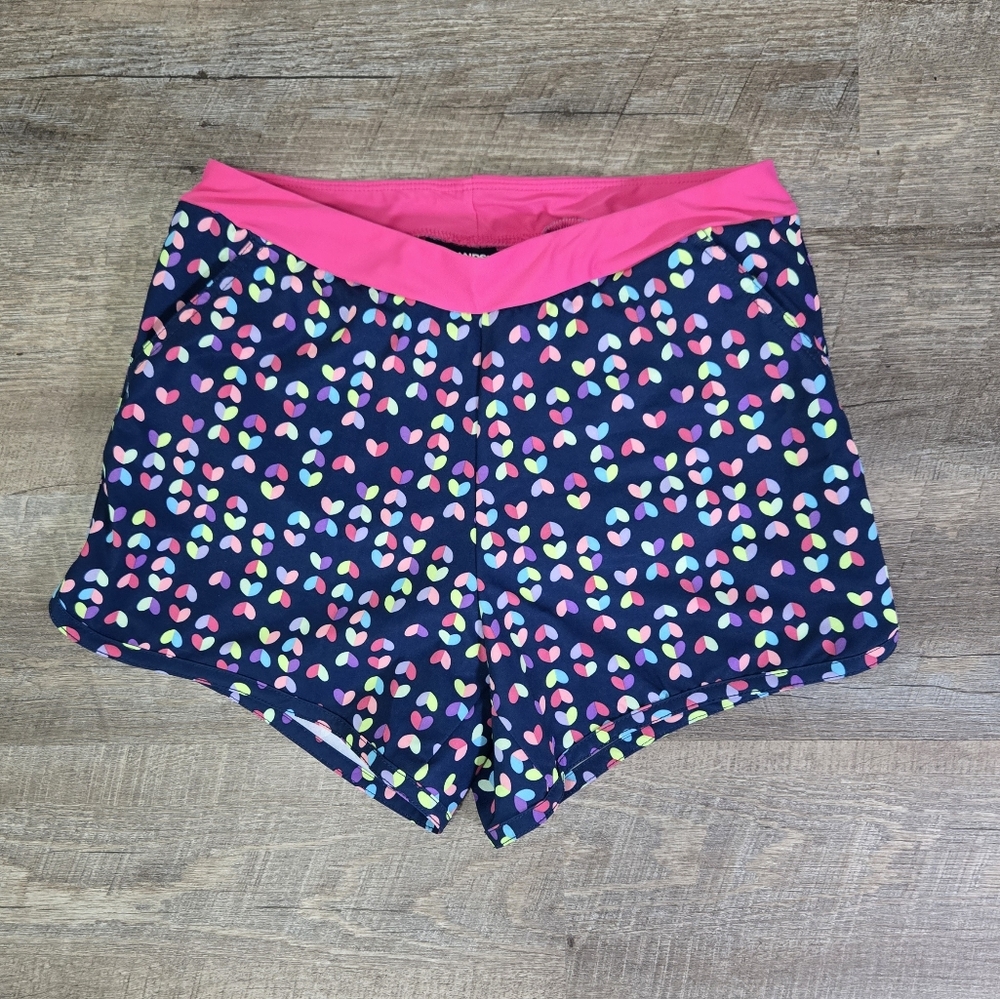 Lands End Girl's Pink and Navy Heart Print Swim Shorts